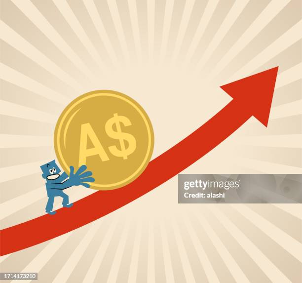 a businessman pushes money forward on the upward arrow path - sales effort stock illustrations