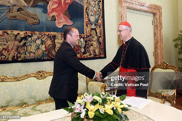 Vatican Secretary of State cardinal Tarcisio Bertone meets Maltese Prime Minister Joseph Muscat after an audience with Pope Francis on June 24, 2013...