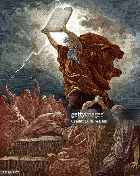 Moses breaks the tablets of the law after coming down from Mount Sinai and finding the children of Israel worshipping the golden calf: 'Moses ' anger...