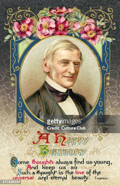Decorative Birthday card with portrait of Ralph Waldo Emerson and his quote: "Some things always find us young, and keep us so.. Such a thought is...