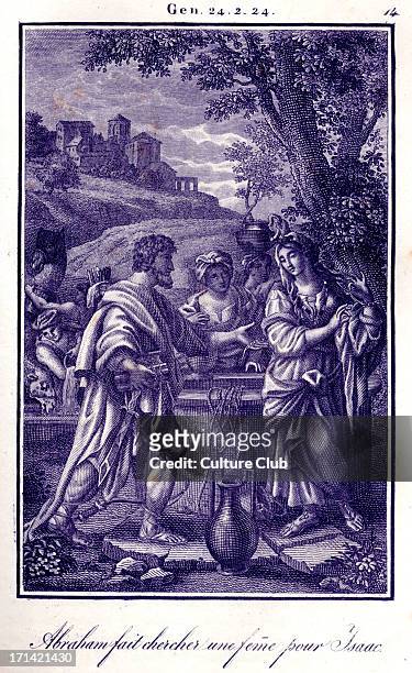 Bible, Rebecca at the well Abraham 's servant is sent to find a wife for Isaac. Genesis