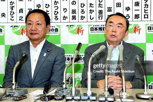 Japan Restoration Party Diet Members chief Takeo Hiranuma speaks during a press conference at their headquarters on June 23, 2013 in Tokyo, Japan....