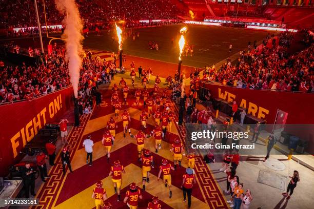 Emerges from the tunnel to take the field before the game against Arizona at the LA Memorial Coliseum on October 7, 2023 in Los Angeles, California.