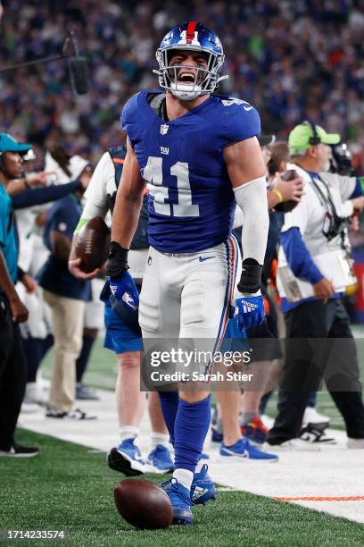 Micah McFadden of the New York Giants reacts after breaking up a pass during the second half against the Seattle Seahawks at MetLife Stadium on...