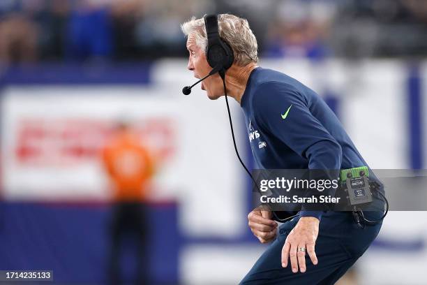 Head coach Pete Carroll of the Seattle Seahawks reacts during the second half against the New York Giants at MetLife Stadium on October 02, 2023 in...