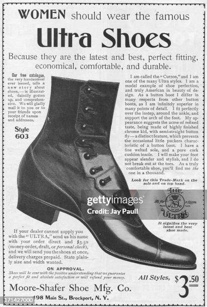 Advertisement for Ultra Shoes for women by the Moore Shafer Shoe Manufacturing Company in Brockport, New York, 1899.