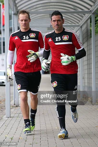 Niklas Lomb and Andres Palop take part in training start of Bayer Leverkusen at training ground on June 24, 2013 in Leverkusen, Germany.