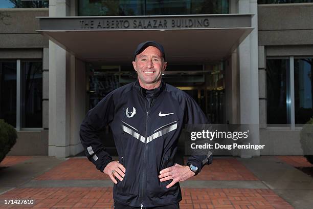 Coach Alberto Salazar of the Nike Oregon Project poses for a portrait in front the of the building named after him on the Nike campus on April 13,...