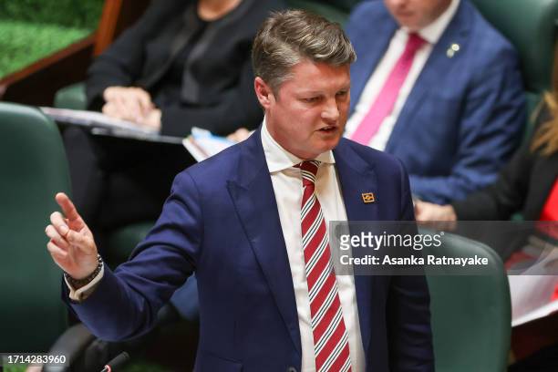 Deputy Premier Ben Carroll addresses the floor during Question Time at Victorian Parliament house on October 03, 2023 in Melbourne, Australia....