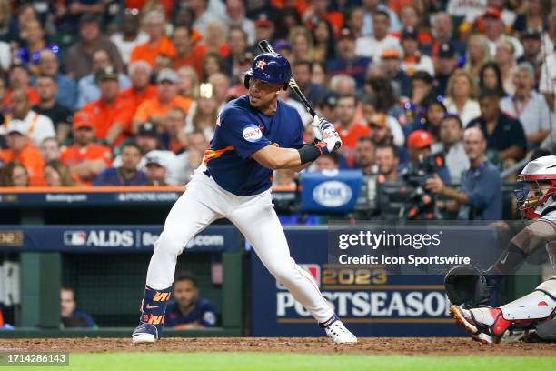 Houston Astros designated hitter Michael Brantley watches the pitch in the bottom of the seventh inning during the Major League Baseball ALDS Game 2...