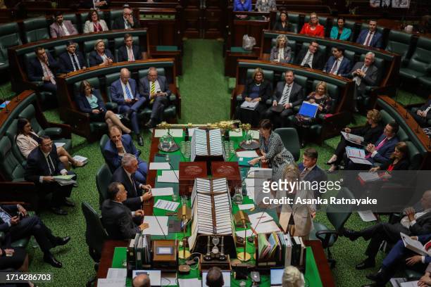 General view of the floor of the legislative assembly as Premier of Victoria, Jacinta Allan addresses the floor during Question Time at Victorian...