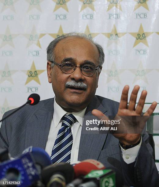 Najam Sethi, interim chairman of the Pakistan Cricket Board , addresses a press conference in Lahore on June 24, 2013. Pakistan's interim cricket...