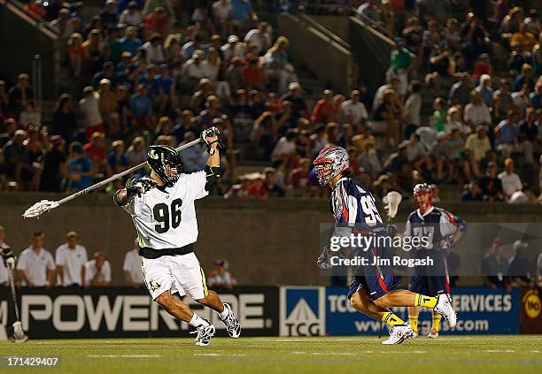 Paul Rabil of the Boston Cannons battles CJ Costabile of the New York Lizards at Harvard Stadium on June 21, 2013 in Boston, Massachusetts.