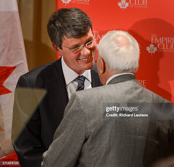 BlackBerry CEO Thorsten Heins is greeted by former premier David Peterson after speaking to the Empire Club of Canada Tuesday afternoon at the...