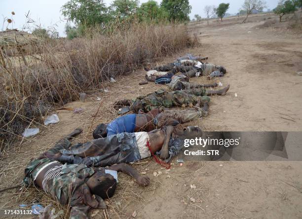 Picture taken on May 29, 2013 shows the bodies of victims of tribal clashes between Sudan's Gimir and Beni Halba tribes in a village near Edd...