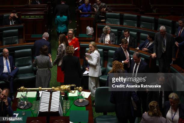 Premier of Victoria, Jacinta Allan depart at the end of Question Time at Victorian Parliament house on October 03, 2023 in Melbourne, Australia....