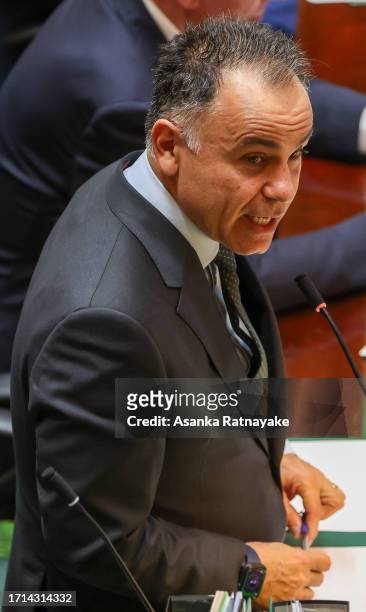 Opposition leader John Pesutto addresses the floor during Question Time at Victorian Parliament house on October 03, 2023 in Melbourne, Australia....