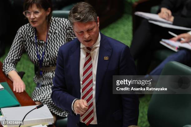 Deputy Premier Ben Carroll addresses the floor during Question Time at Victorian Parliament house on October 03, 2023 in Melbourne, Australia....