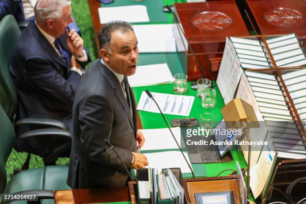 Opposition leader John Pesutto addresses the floor during Question Time at Victorian Parliament house on October 03, 2023 in Melbourne, Australia....