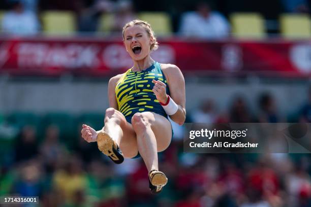 Katie Moon of the United States reacts after winning the Women's Pole Vault during the 2023 Prefontaine Classic and Wanda Diamond League Final at...