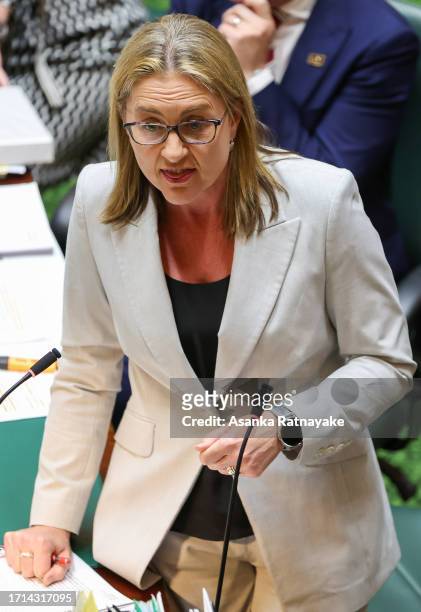Premier of Victoria, Jacinta Allan addresses the floor during Question Time at Victorian Parliament house on October 03, 2023 in Melbourne,...