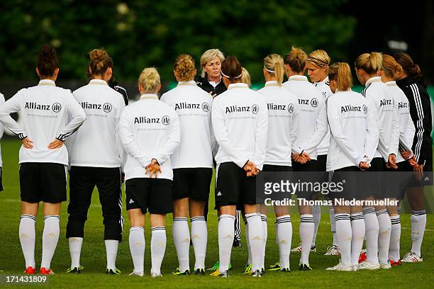 Head coach Silvia Neid talks during the German women's national team training session at HVB Club Sportzentrum on June 24, 2013 in Munich, Germany.