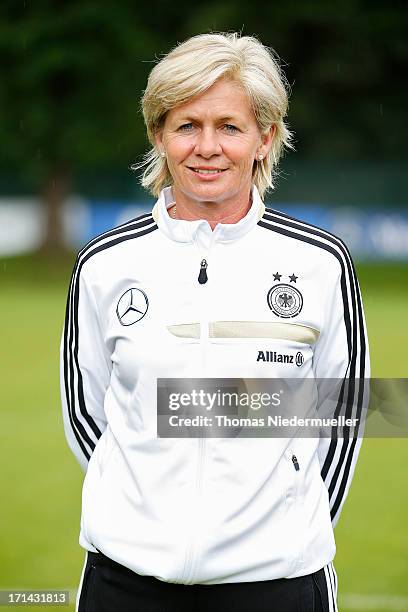 Head coach Silvia Neid looks on during the German women's national team training session at HVB Club Sportzentrum on June 24, 2013 in Munich, Germany.