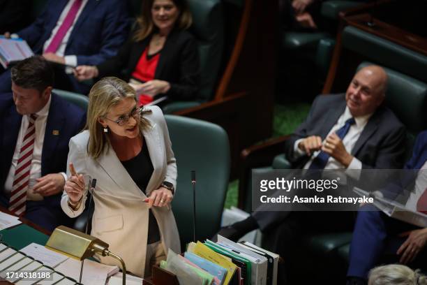 Premier of Victoria, Jacinta Allan addresses the floor during Question Time at Victorian Parliament house on October 03, 2023 in Melbourne,...