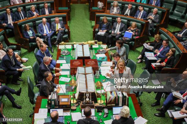 General view as Premier of Victoria, Jacinta Allan addresses the floor during Question Time at Victorian Parliament house on October 03, 2023 in...