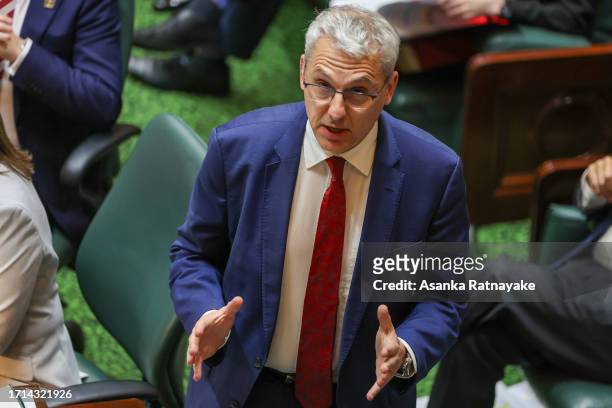 Danny Pearson addresses the floor during Question Time at Victorian Parliament house on October 03, 2023 in Melbourne, Australia. Recently appointed...