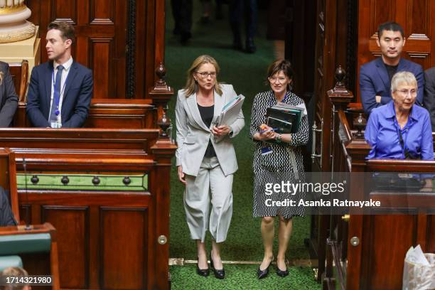 Premier of Victoria, Jacinta Allan and Mary-Anne Thomas arrive for Question Time at Victorian Parliament house on October 03, 2023 in Melbourne,...