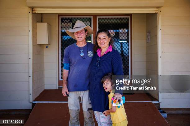 Local business owner and family pose for a photo before heading to the voting booth on October 03, 2023 in Yalgoo, Australia. A referendum for...