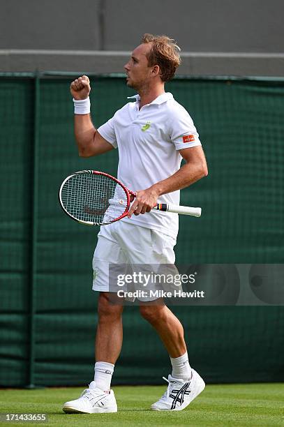 Steve Darcis of Belgium reacts during his Gentlemen's Singles first round match against Rafael Nadal of Spain on day one of the Wimbledon Lawn Tennis...