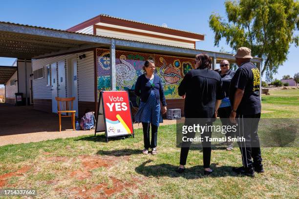 Yes Campaigners and regional community members at the front of the Voting booth location on October 03, 2023 in Yalgoo, Australia. A referendum for...