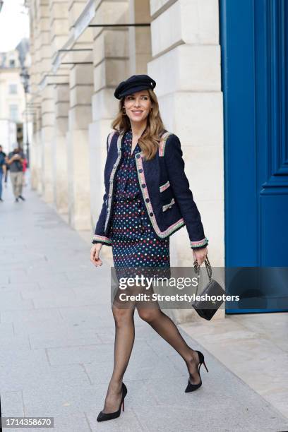 Influencer Alexandra Lapp, is seen wearing MAISON COMMON tweed jacket with contrast trim in navy, MAISON COMMON easy silk shell dot print blouse in...