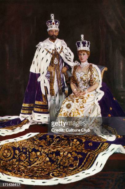 King George V & Queen Mary - in Coronation regalia, 1910 - frontispiece for the Illustrated London News Silver Jubilee. Photo by W & D Downey....