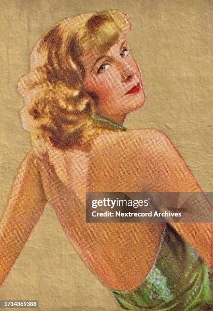 Collectible colorized tobacco card, 'Movie Stars' series, published in Germany in 1934 by Constantin Goldfilm Cigarettes, depicting Hollywood film...