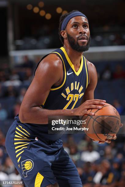 Isaiah Jackson of the Indiana Pacers shoots a free throw during the game against the Memphis Grizzlies on October 8, 2023 at FedExForum in Memphis,...