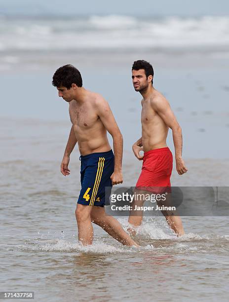 Cesc Fabregas of Spain and and Javier Martinez of Spain walk into the sea for a bath at Playa Futuro on June 24, 2013 in Fortaleza, Brazil.