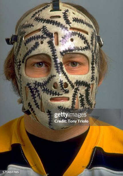 Closeup portrait of Boston Bruins goalie Gerry Cheevers posing in mask with scars drawn on during photo shoot. Boston, MA 9/17/1971 CREDIT: Tony...