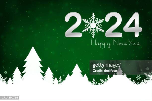 glittery christmas horizontal dark green vector backgrounds with text happy new year 2024 and a white coloured snow covered mountain range with coniferous xmas trees and snowflakes and shiny dots at over bright vibrant backdrop - bling letters stock illustrations