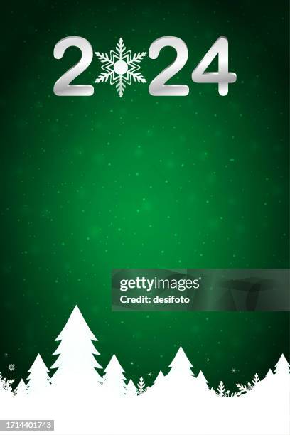 glittery christmas vertical dark green happy new year  vector backgrounds with creative text 2024 and a white coloured snow covered mountain range with coniferous xmas trees and snowflakes and shiny dots at over bright vibrant backdrop - snow white eps stock illustrations