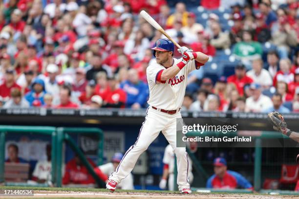 Laynce Nix of the Philadelphia Phillies bats during the game against the Cincinnati Reds at Citizens Bank Park on May 19, 2013 in Philadelphia,...