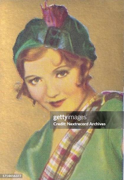 Collectible vintage colorized tobacco card, 'Movie Stars' series, published in Germany in 1934 by Constantin Goldfilm Cigarettes, depicting Hollywood...
