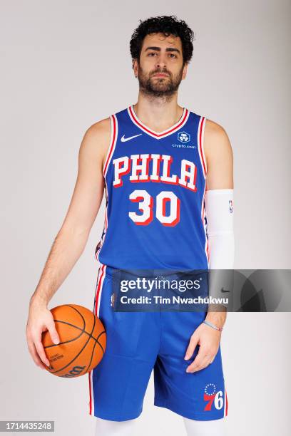 Furkan Korkmaz of the Philadelphia 76ers poses for a portrat during Philadelphia 76ers media day at 76ers Training Complex on October 02, 2023 in...