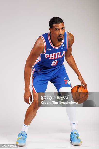 De'Anthony Melton of the Philadelphia 76ers poses for a portrait during Philadelphia 76ers media day at 76ers Training Complex on October 02, 2023 in...