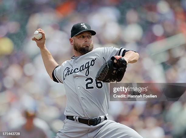 Jesse Crain of the Chicago White Sox delivers a pitch against the Minnesota Twins during the game on June 20, 2013 at Target Field in Minneapolis,...