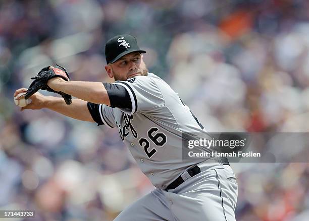 Jesse Crain of the Chicago White Sox delivers a pitch against the Minnesota Twins during the game on June 20, 2013 at Target Field in Minneapolis,...