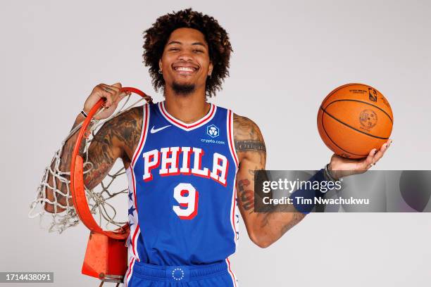 Kelly Oubre Jr. #9 of the Philadelphia 76ers poses for a portrait during Philadelphia 76ers media day at 76ers Training Complex on October 02, 2023...