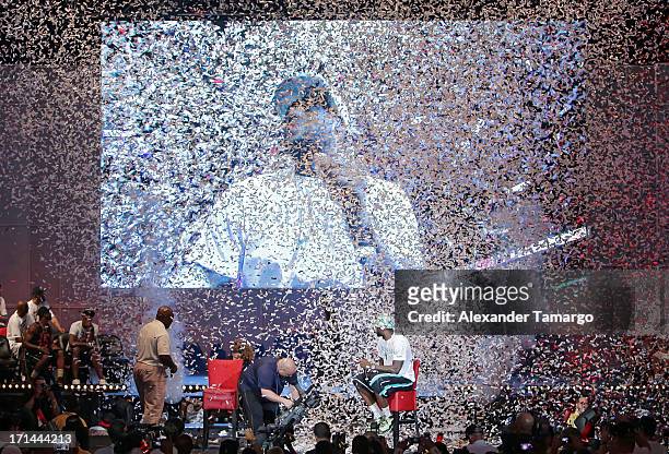 LeBron James of the Miami Heat attends the NBA Championship victory rally at the AmericanAirlines Arena on June 24, 2013 in Miami, Florida. The Miami...